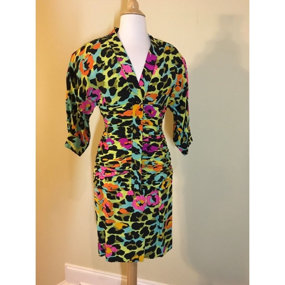 SCHERRER VINTAGE SILK COUTURE DRESS~ANIMAL PRINT MULTI COLOR SIZE EU 38 US 4